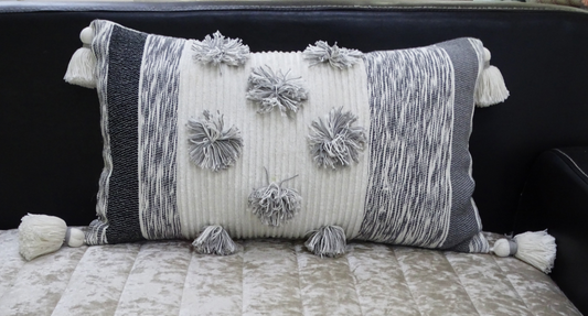 Melange Striped Throw Pillow with Large Poms and Tassels 14"x24", Goodies N Stuff