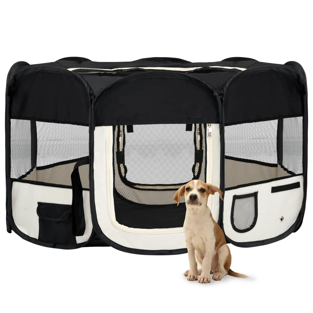 vidaXL Foldable Dog Playpen with Carrying Bag Black 57.1"x57.1"x24", Goodies N Stuff