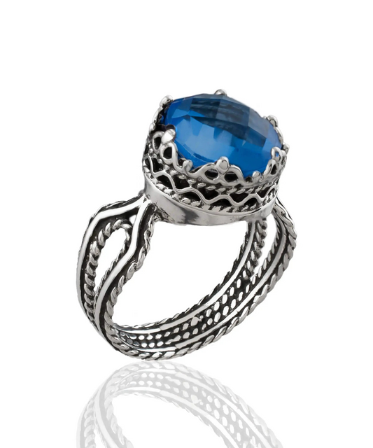 Blue Quartz Gemstone Filigree Art Women Sterling Silver Cocktail Ring, Goodies N Stuff