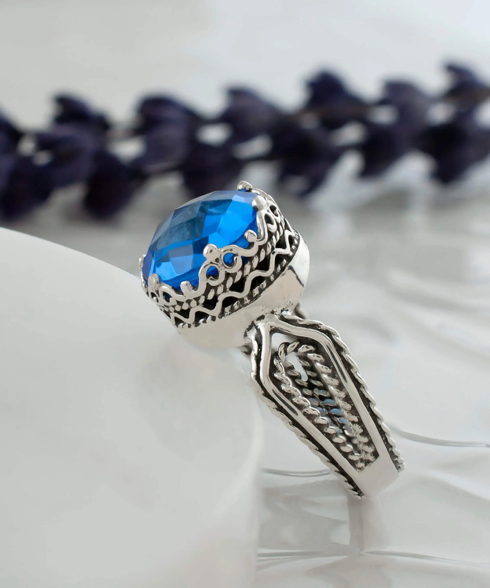 Blue Quartz Gemstone Filigree Art Women Sterling Silver Cocktail Ring, Goodies N Stuff