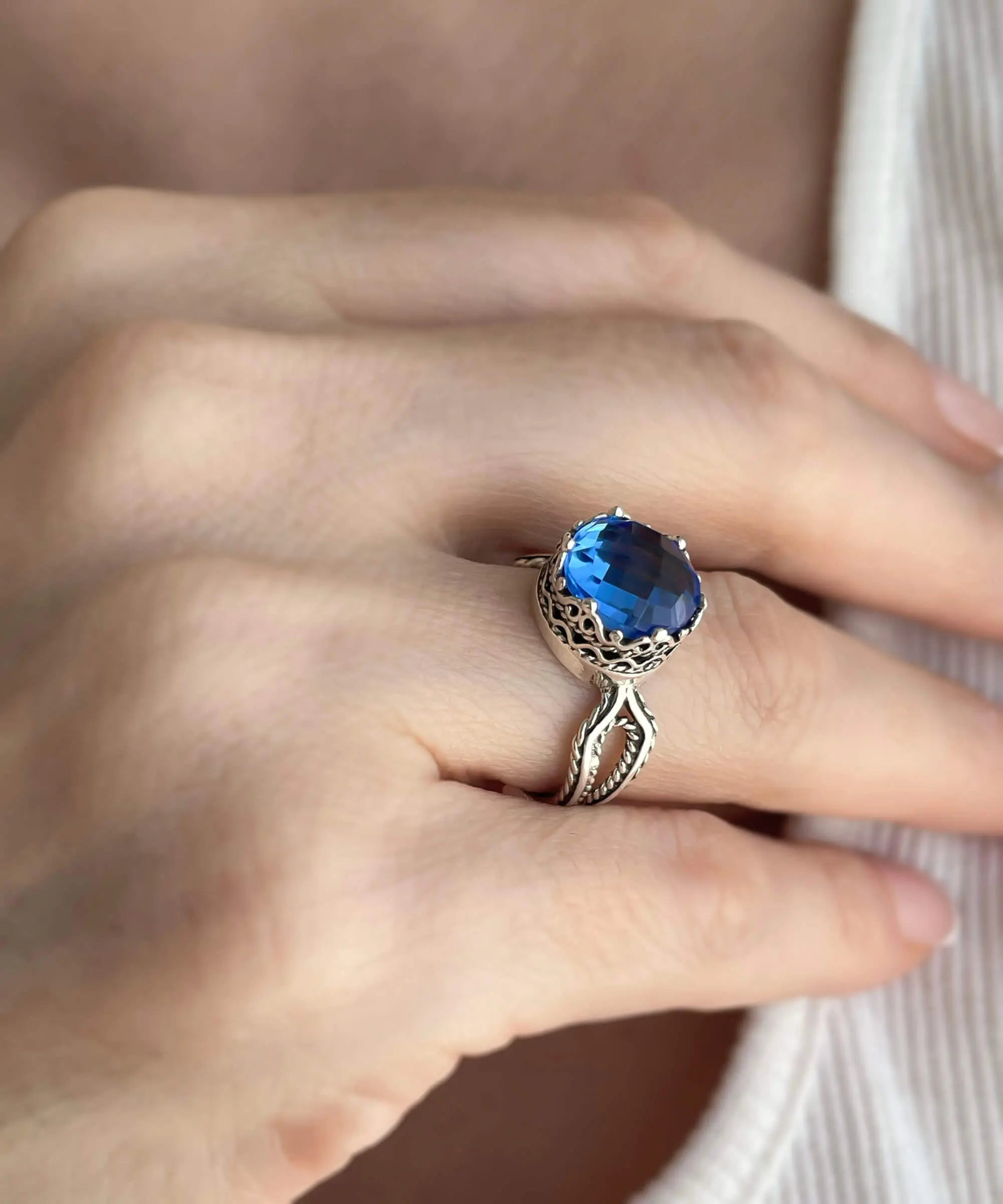 Blue Quartz Gemstone Filigree Art Women Sterling Silver Cocktail Ring, Goodies N Stuff