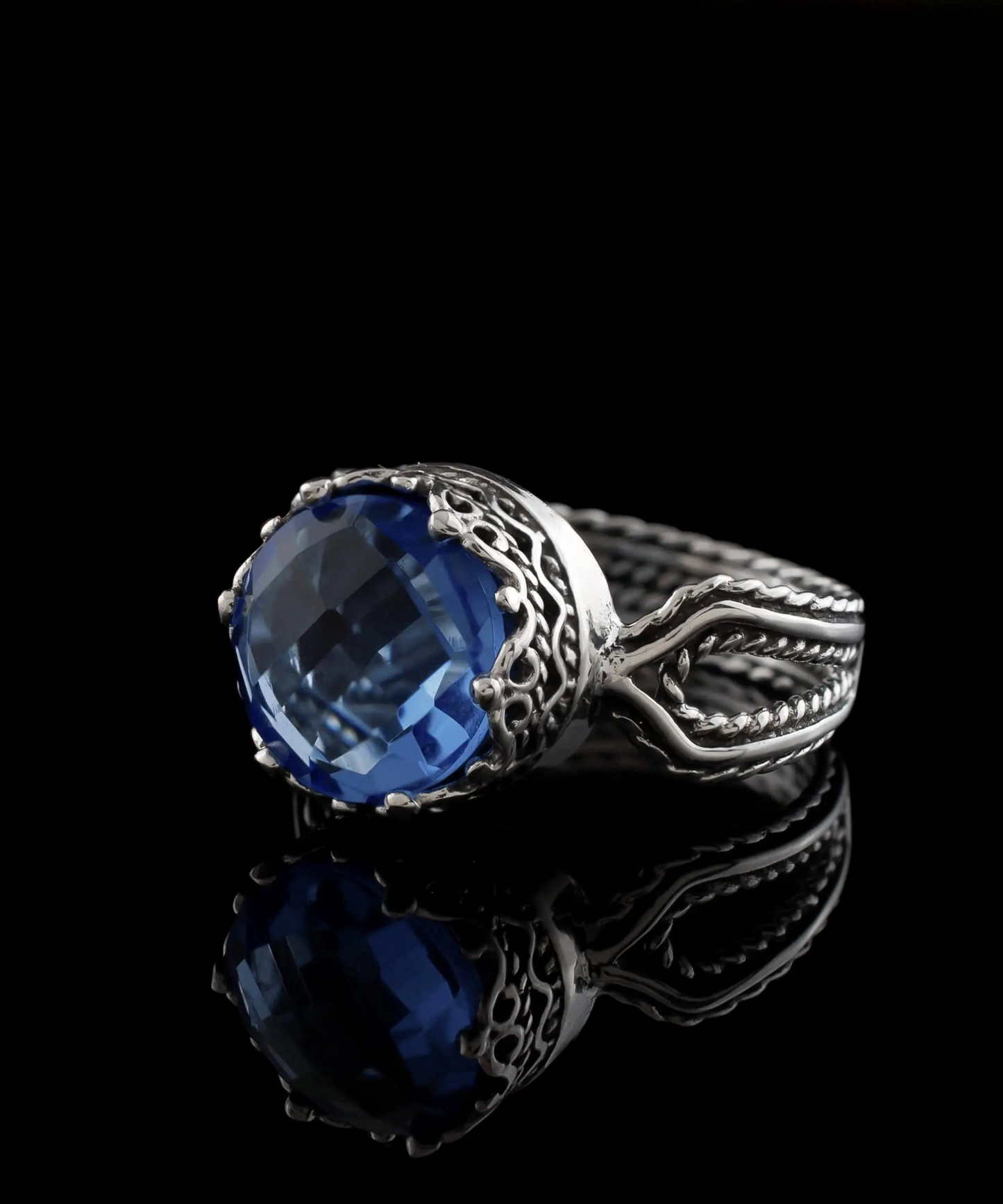 Blue Quartz Gemstone Filigree Art Women Sterling Silver Cocktail Ring, Goodies N Stuff