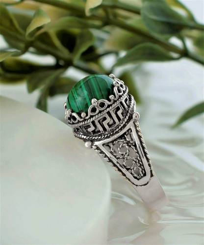 Greek Key Pattern Filigree Art Malachite Gemstone Women Silver Cocktail Ring, Goodies N Stuff