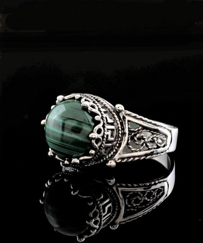 Greek Key Pattern Filigree Art Malachite Gemstone Women Silver Cocktail Ring, Goodies N Stuff