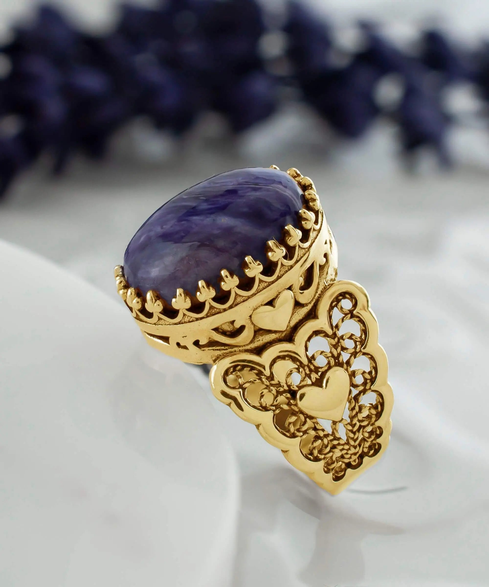 Double Heart Detailed Charoite Gemstone Filigree Art Gold Plated Sterling Silver Women Statement Ring, Goodies N Stuff