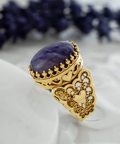 Double Heart Detailed Charoite Gemstone Filigree Art Gold Plated Sterling Silver Women Statement Ring, Goodies N Stuff