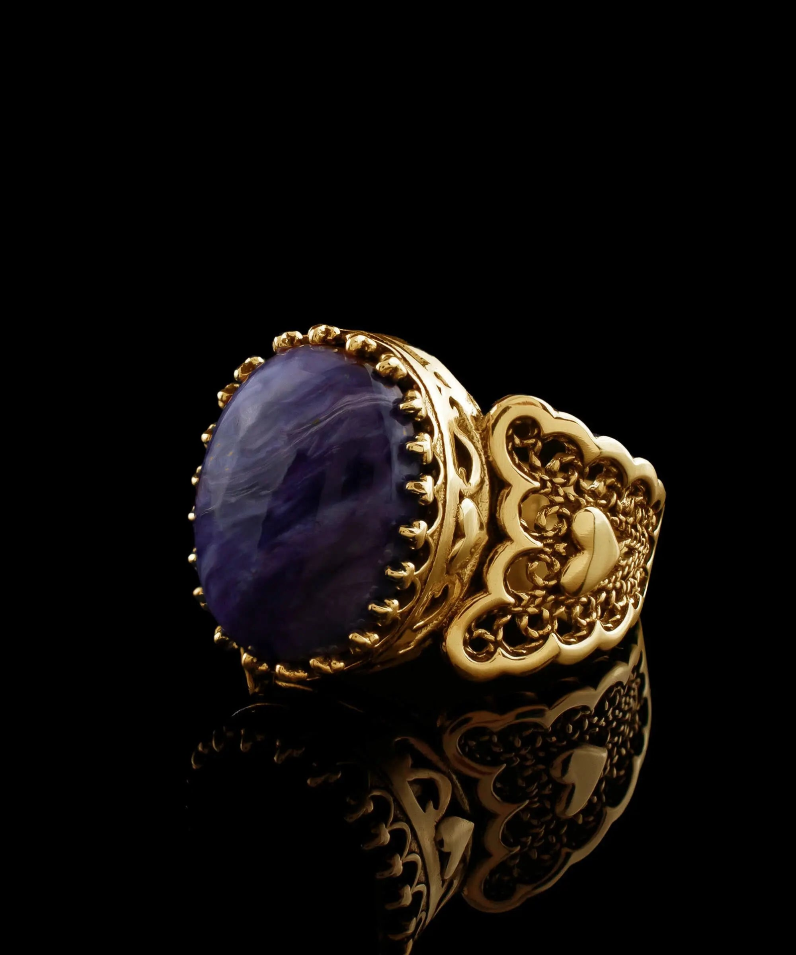 Double Heart Detailed Charoite Gemstone Filigree Art Gold Plated Sterling Silver Women Statement Ring, Goodies N Stuff