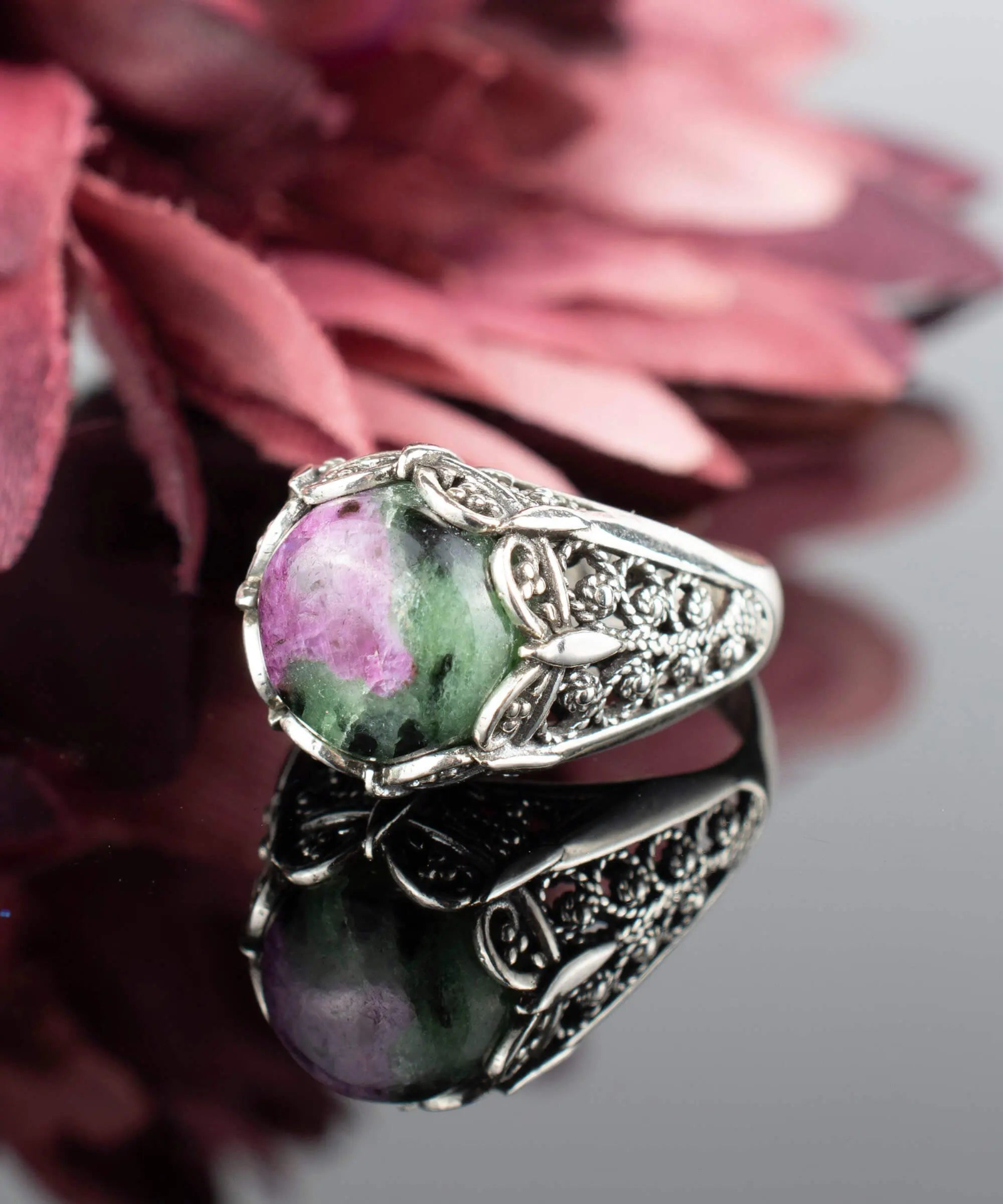 Filigree Art Ruby Zoisite Gemstone Women Silver Cocktail Ring, Goodies N Stuff