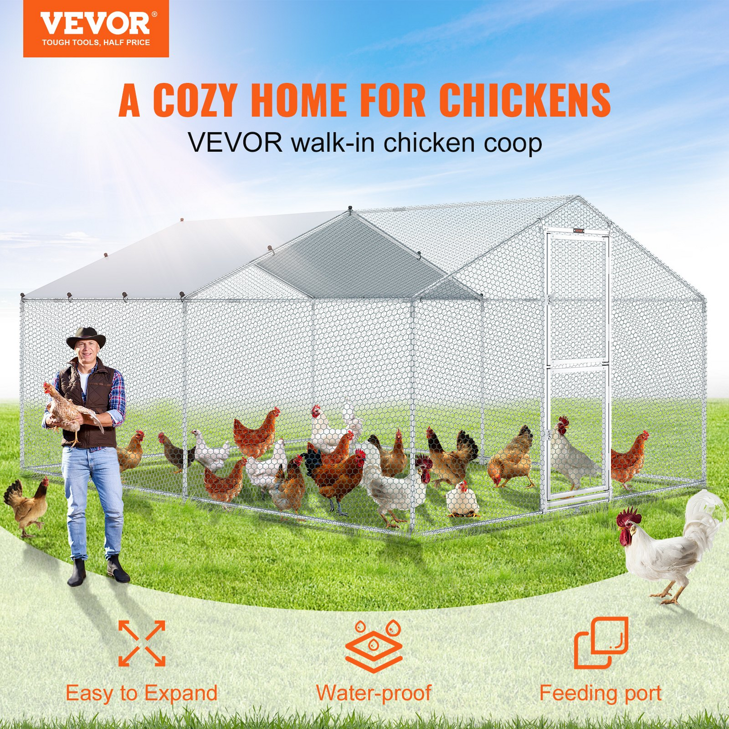 VEVOR Metal Chicken Coop, 13.1 x 9.8 x 6.6 ft Large Chicken Run, Peaked Roof Outdoor Walk-in Poultry Pen Cage for Farm or Backyard, with Water-proof Cover and Protection Mesh, for Hen, Duck, Rabbit, Goodies N Stuff