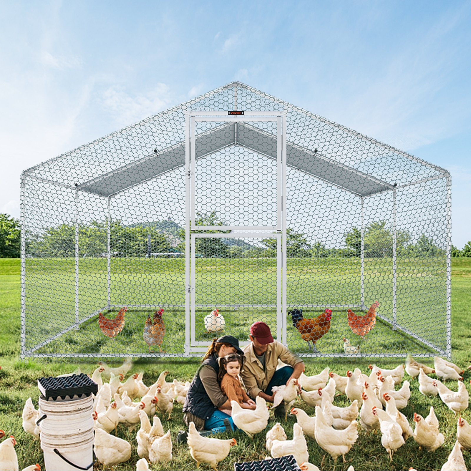 VEVOR Metal Chicken Coop, 13.1 x 9.8 x 6.6 ft Large Chicken Run, Peaked Roof Outdoor Walk-in Poultry Pen Cage for Farm or Backyard, with Water-proof Cover and Protection Mesh, for Hen, Duck, Rabbit, Goodies N Stuff