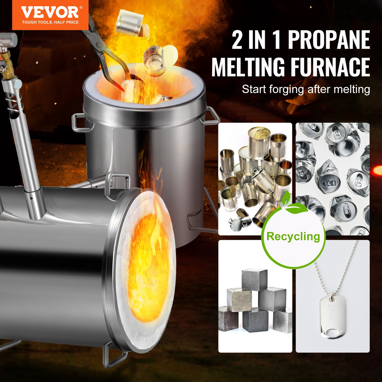 VEVOR Propane Melting Furnace Kit, 12KG Large Capacity Foundry Home Kilns,Stainless Steel Smelter,  Blacksmithing Forge with Crucible an Tongs Kiln, For Metal Scrap Recycle, Gold Copper Silver Casting, Goodies N Stuff