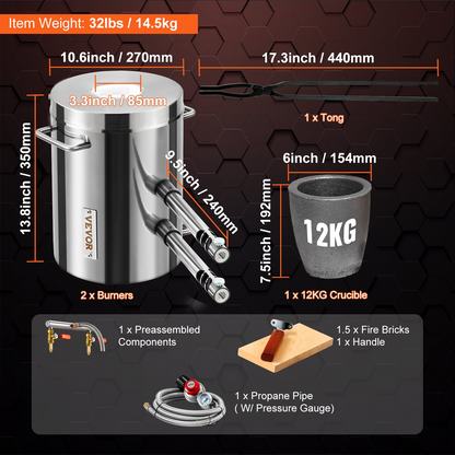 VEVOR Propane Melting Furnace Kit, 12KG Large Capacity Foundry Home Kilns,Stainless Steel Smelter,  Blacksmithing Forge with Crucible an Tongs Kiln, For Metal Scrap Recycle, Gold Copper Silver Casting, Goodies N Stuff