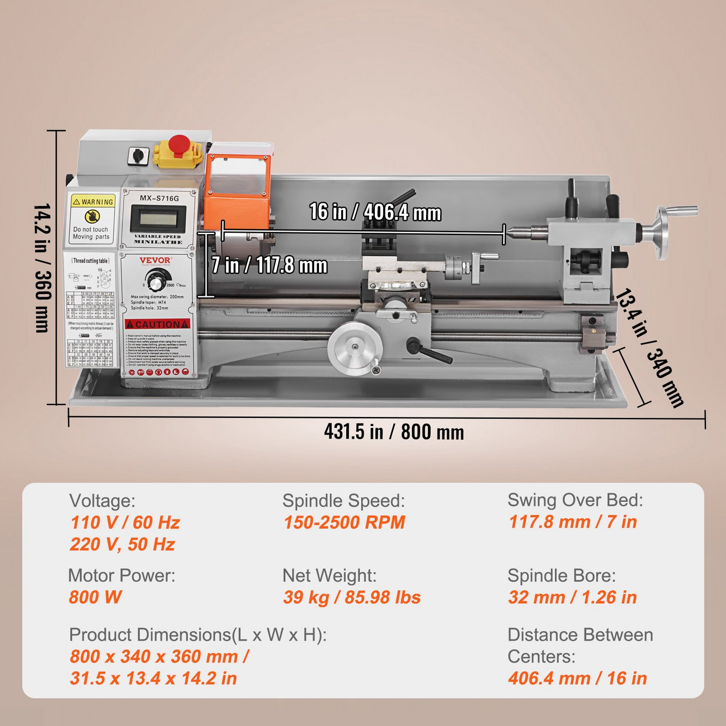 VEVOR Mini Metal Lathe Machine, 7'' x 16'', 800W Precision Benchtop Power Metal Lathe, 150-2500 RPM Continuously Variable Speed, with 3.9'' 3-jaw Metal Chuck Tool Box for Processing Precision Parts, Goodies N Stuff