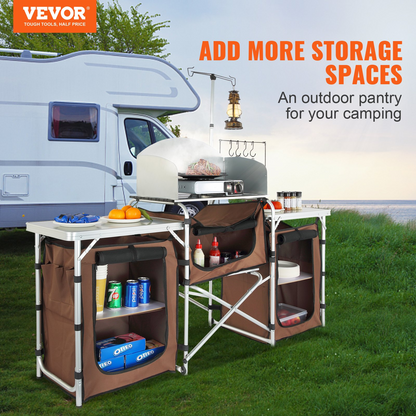 VEVOR Camping Kitchen Table, Folding Outdoor Cooking Table with Storage Carrying Bag, Aluminum Cook Station 3 Cupboard & Detachable Windscreen, Quick Set-up for Picnics, BBQ, RV Traveling, Brown, Goodies N Stuff