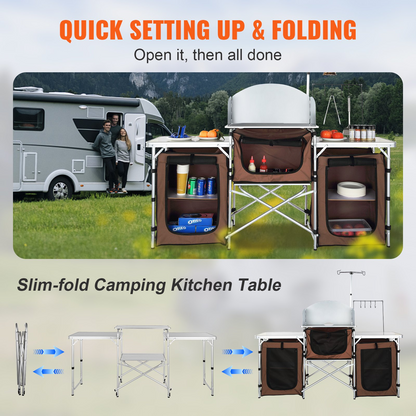 VEVOR Camping Kitchen Table, Folding Outdoor Cooking Table with Storage Carrying Bag, Aluminum Cook Station 3 Cupboard & Detachable Windscreen, Quick Set-up for Picnics, BBQ, RV Traveling, Brown, Goodies N Stuff