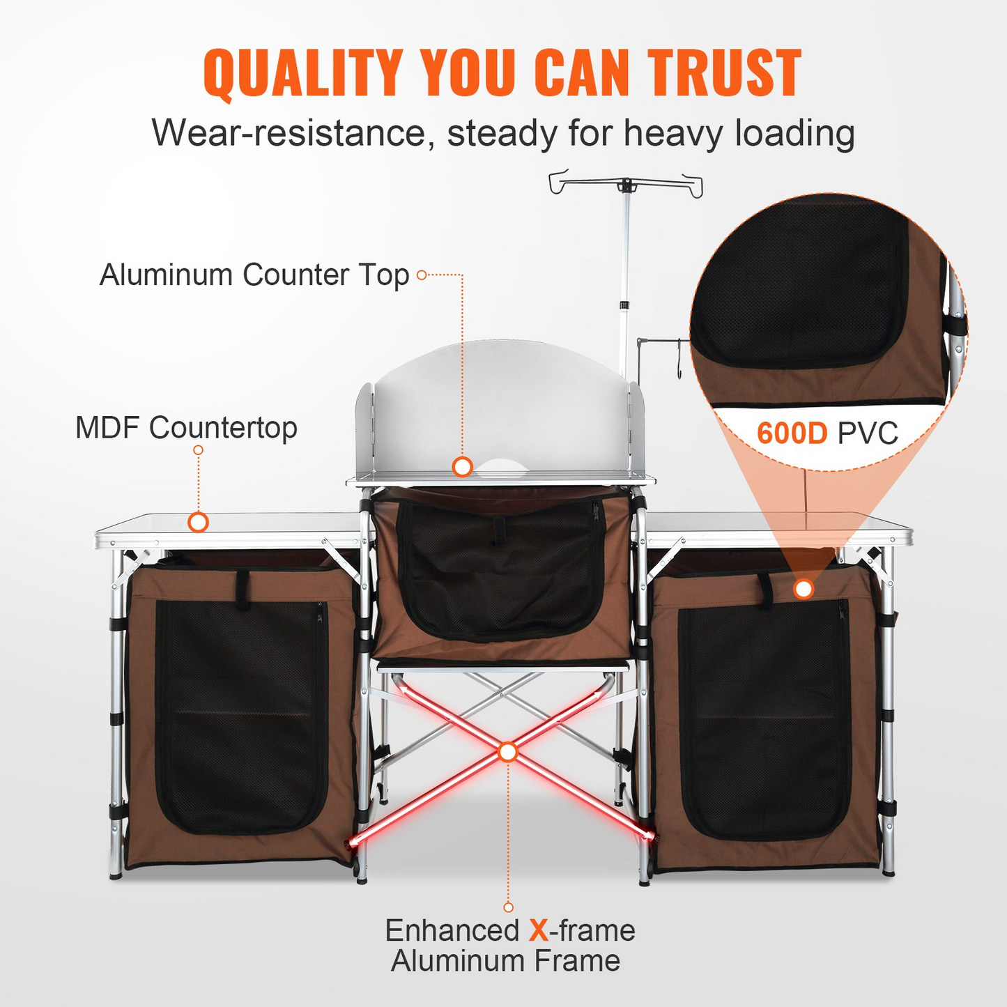 VEVOR Camping Kitchen Table, Folding Outdoor Cooking Table with Storage Carrying Bag, Aluminum Cook Station 3 Cupboard & Detachable Windscreen, Quick Set-up for Picnics, BBQ, RV Traveling, Brown, Goodies N Stuff