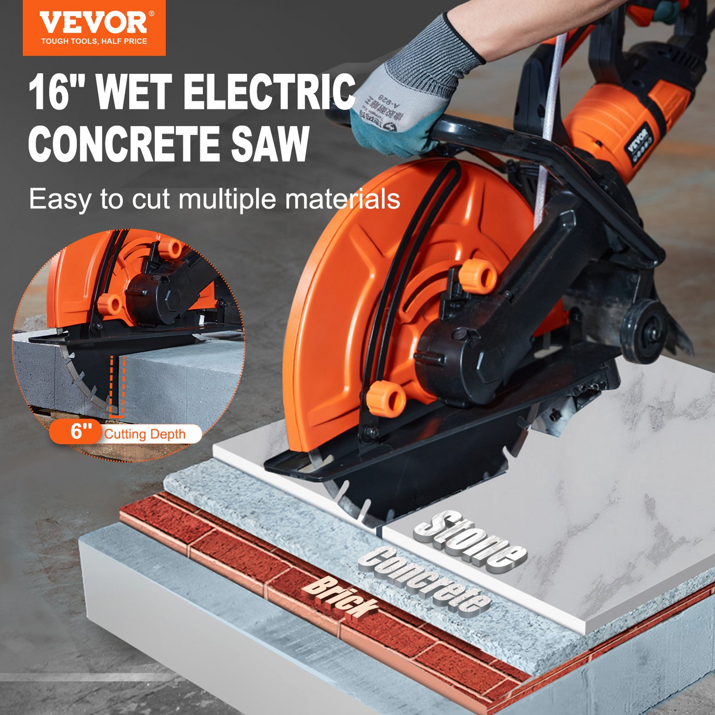 VEVOR Electric Concrete Saw, 16 in, 3200 W 15 A Motor Circular Saw Cutter with Max. 6 in Adjustable Cutting Depth, Wet Disk Saw Cutter Includes Water Line, Pump and Blade, for Stone, Brick, Goodies N Stuff