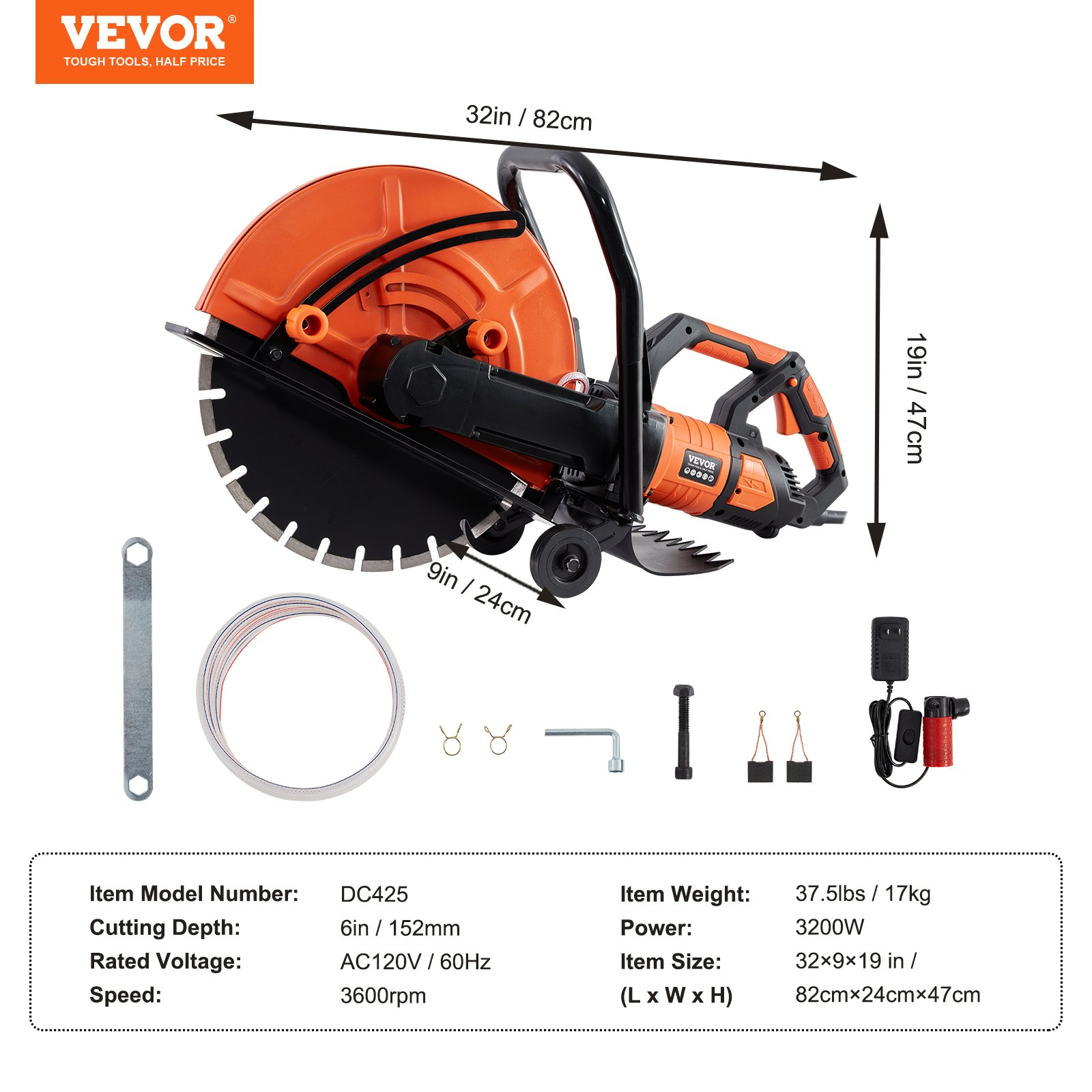 VEVOR Electric Concrete Saw, 16 in, 3200 W 15 A Motor Circular Saw Cutter with Max. 6 in Adjustable Cutting Depth, Wet Disk Saw Cutter Includes Water Line, Pump and Blade, for Stone, Brick, Goodies N Stuff