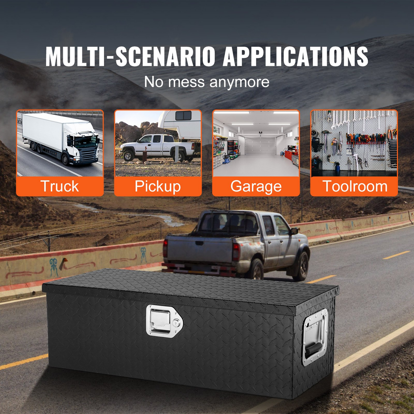 VEVOR Heavy Duty Aluminum Truck Bed Tool Box, Diamond Plate Tool Box with Side Handle and Lock Keys, Storage Tool Box Chest Box Organizer for Pickup, RV, Trailer, Truck Bed, 30"x13"x9.6", Black, Goodies N Stuff