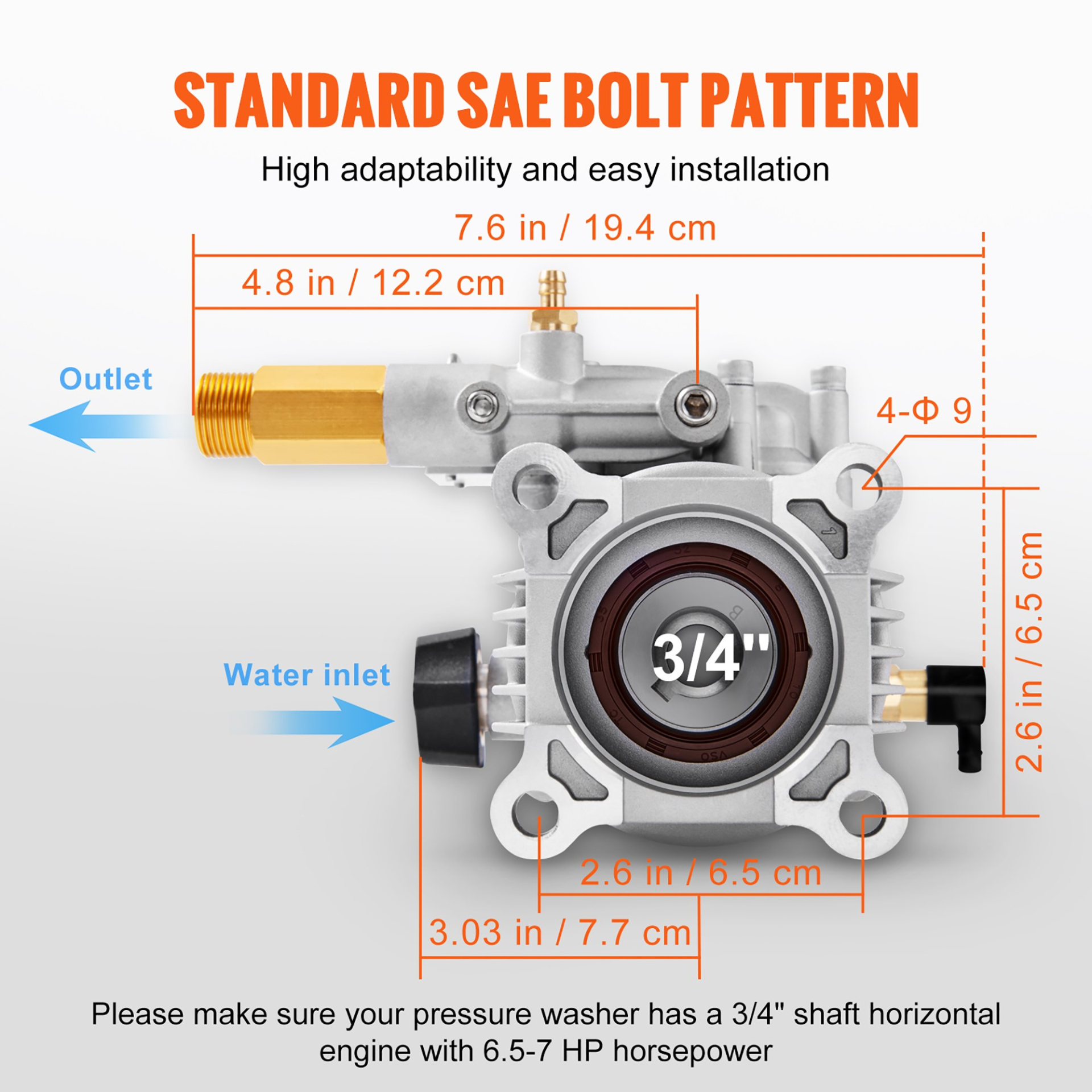 VEVOR Pressure Washer Pump, 3/4" Shaft Horizontal, 3400 PSI, 2.5 GPM, Replacement Power Washer Pumps Kit, Parts Washer Pump, Compatible with Honda, Simpson, RYOBI, Briggs & Stratton, Subaru, Craftsman, Goodies N Stuff