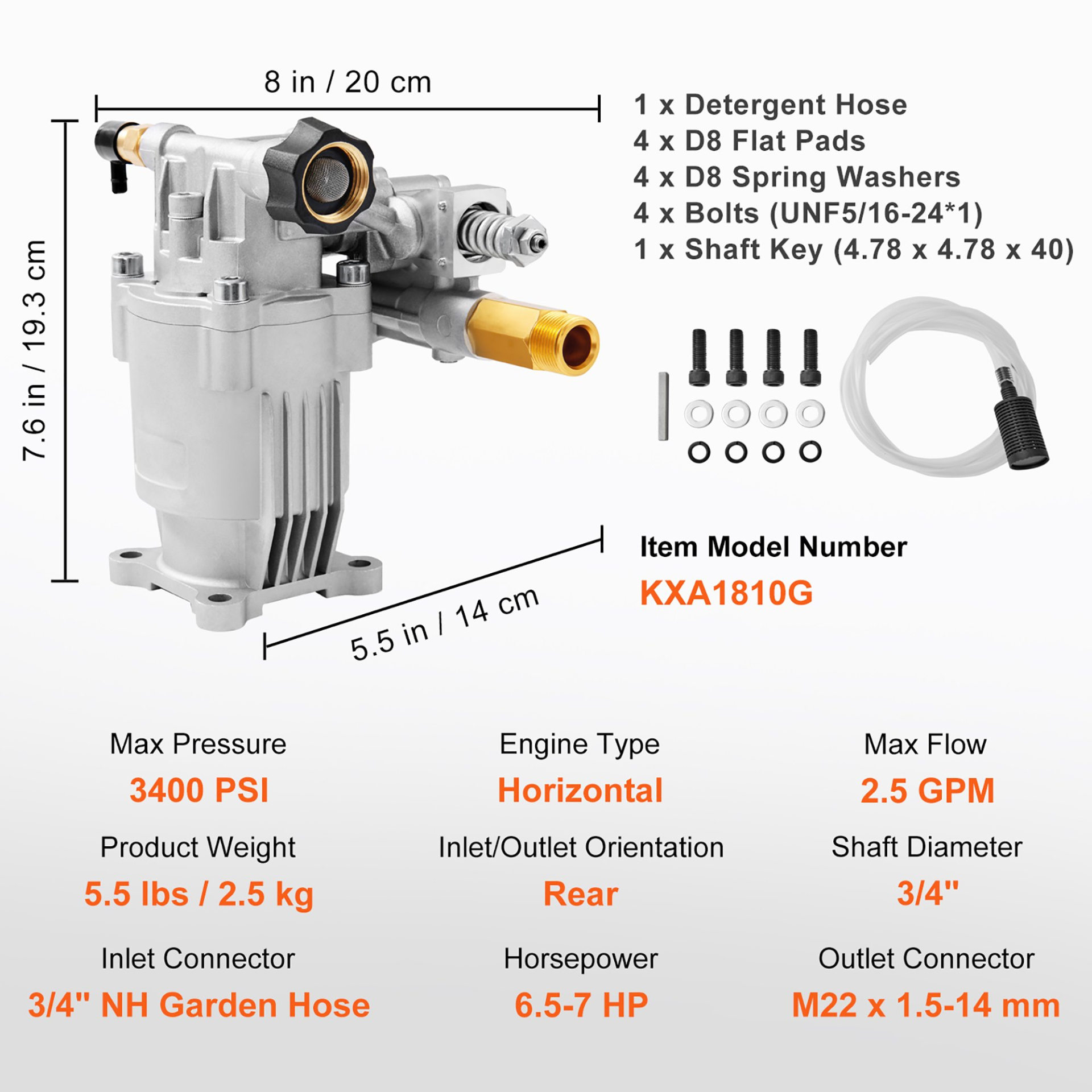 VEVOR Pressure Washer Pump, 3/4" Shaft Horizontal, 3400 PSI, 2.5 GPM, Replacement Power Washer Pumps Kit, Parts Washer Pump, Compatible with Honda, Simpson, RYOBI, Briggs & Stratton, Subaru, Craftsman, Goodies N Stuff