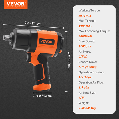 VEVOR Air Impact Wrench 1/2" Square Drive 1400ft-lb Nut-busting Torque 90-120PSI, Goodies N Stuff