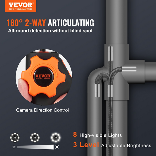 VEVOR Articulating Borescope Camera with Light, Two-Way Articulated Endoscope Inspection Camera with 6.4mm Tiny Lens, 5" IPS 1080P HD Screen, 8X Zoom, 8 LED Light Snake Camera for Automotive, Plumbing, Goodies N Stuff