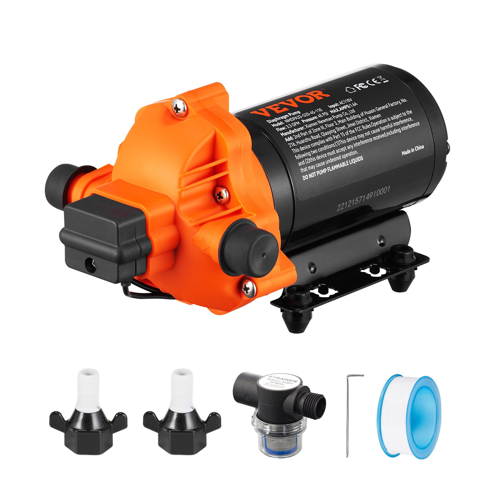 VEVOR Water Diaphragm Pump, 110V AC, 3.3 GPM Flow, 45 PSI Rated Pressure (40-80 PSI Adjustable), 1/2" MNPT Self Priming Sprayer Pump with Pressure Switch for RV Camper Marine Boat Lawn, FCC Certified, Goodies N Stuff