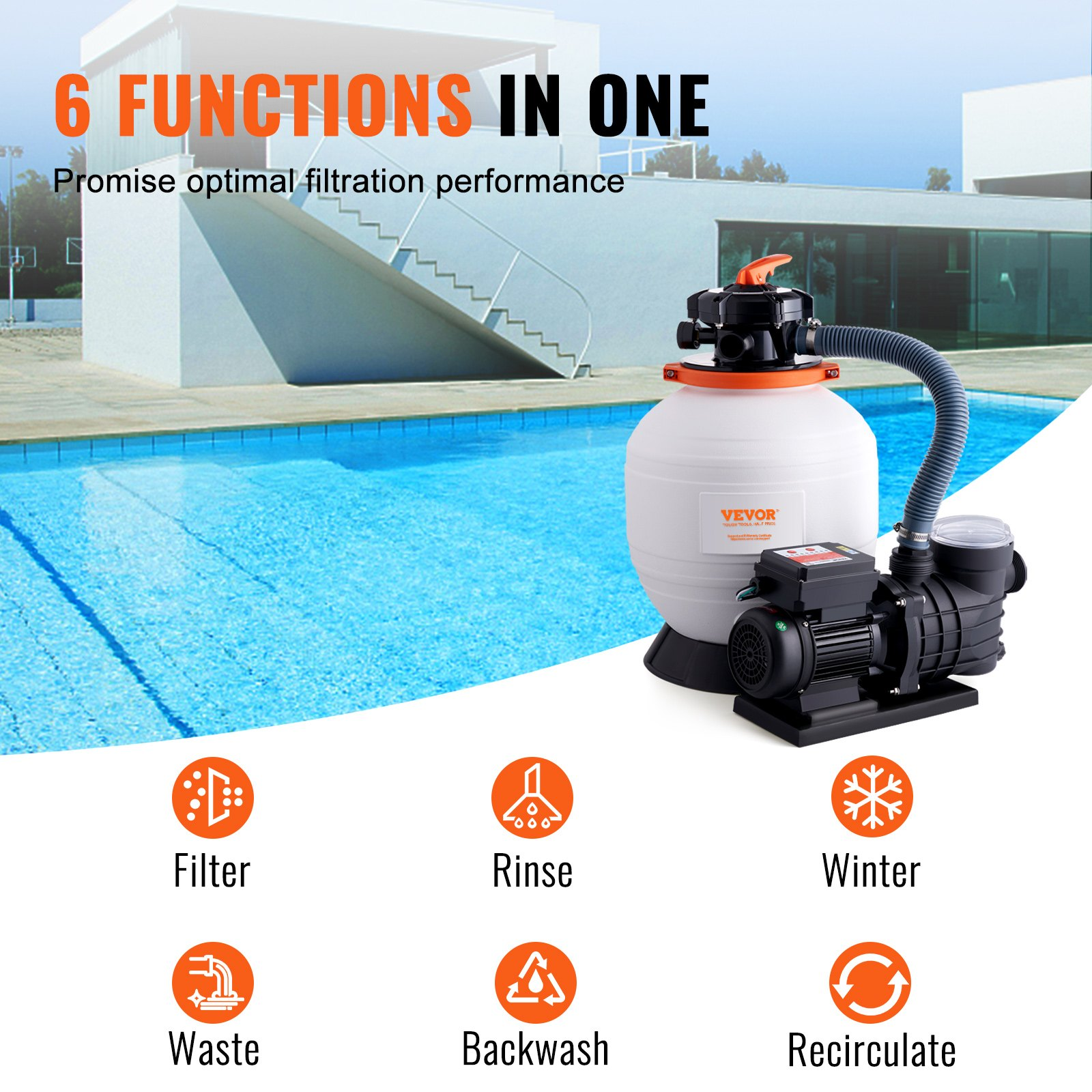 VEVOR Sand Filter Pump for Above Ground Pools, 14-inch, 3000 GPH, 3/4 HP Swimming Pool Pumps System & Filters Combo Set with 6-Way Multi-Port Valve & Strainer Basket, for Domestic and Commercial Pools, Goodies N Stuff