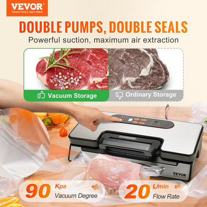 VEVOR Vacuum Sealer Machine, 90Kpa 130W Powerful Dual Pump and Dual Sealing, Dry and Moist Food Storage, Automatic and Manual Air Sealing System with Built-in Cutter, with Seal Bag and External Hose, Goodies N Stuff