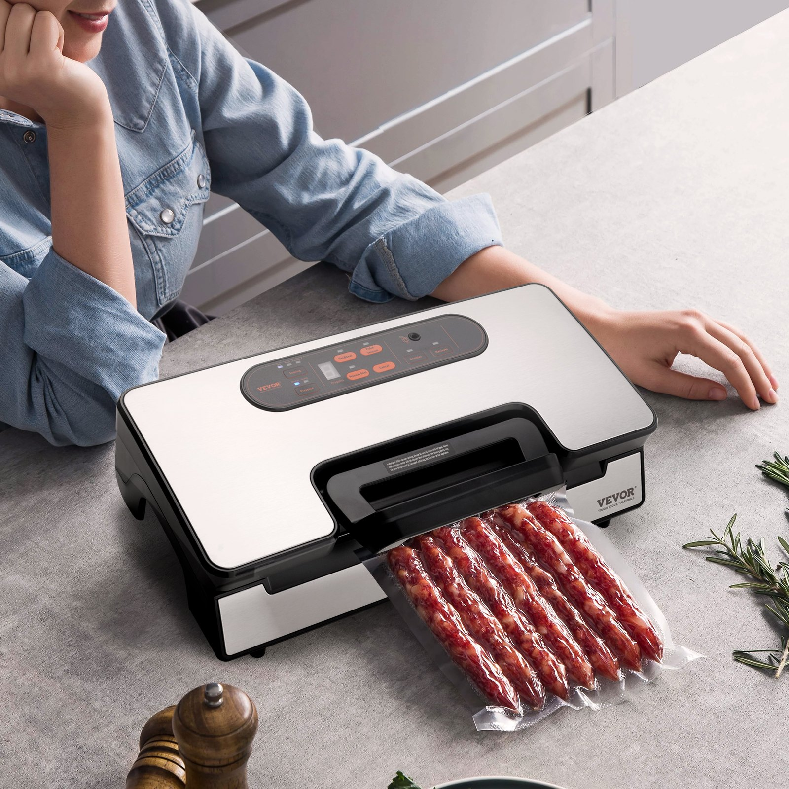 VEVOR Vacuum Sealer Machine, 90Kpa 130W Powerful Dual Pump and Dual Sealing, Dry and Moist Food Storage, Automatic and Manual Air Sealing System with Built-in Cutter, with Seal Bag and External Hose, Goodies N Stuff