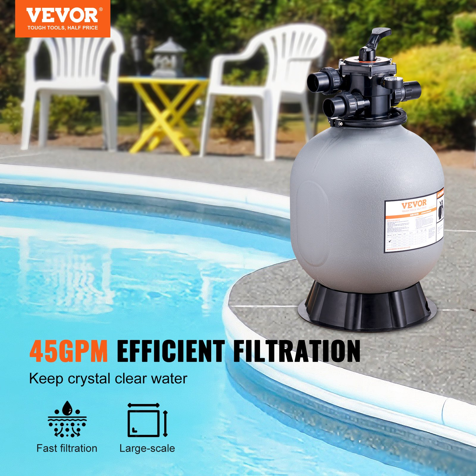 VEVOR Sand Filter, 19-inch, Up to 45 GPM Flow Rate, Above Inground Swimming Pool Sand Filter System with 7-Way Multi-Port Valve, Filter, Backwash, Rinse, Recirculate, Waste, Winter, Closed Functions, Goodies N Stuff