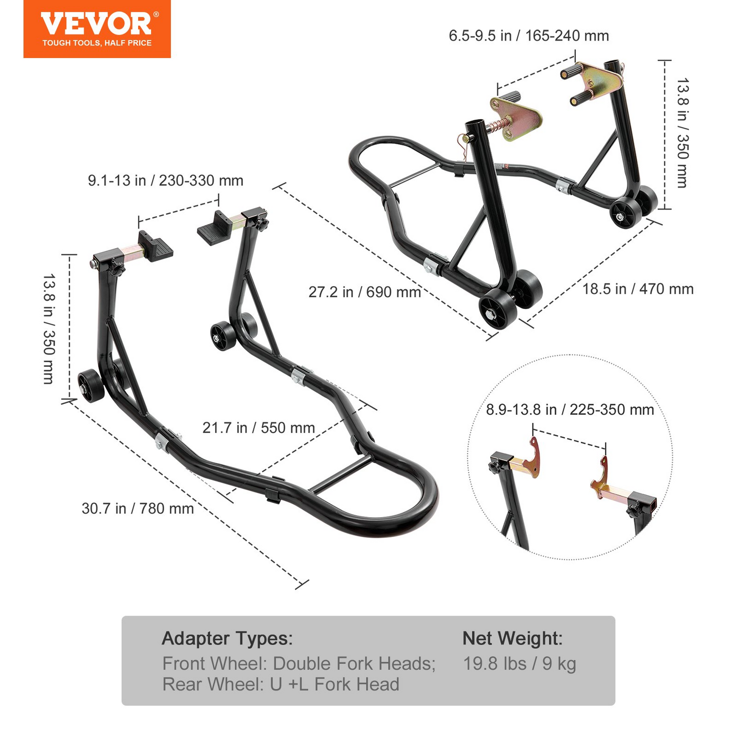 VEVOR Motorcycle Stand Lift, 850lbs Front Rear Combo Stand Lift Stand, Front and Rear Wheel Fork Stand, U+L Fork Swingarm Spool, Compatible with Most Yamaha Honda Kawasaki Suzuki Motorcycles, Black, Goodies N Stuff