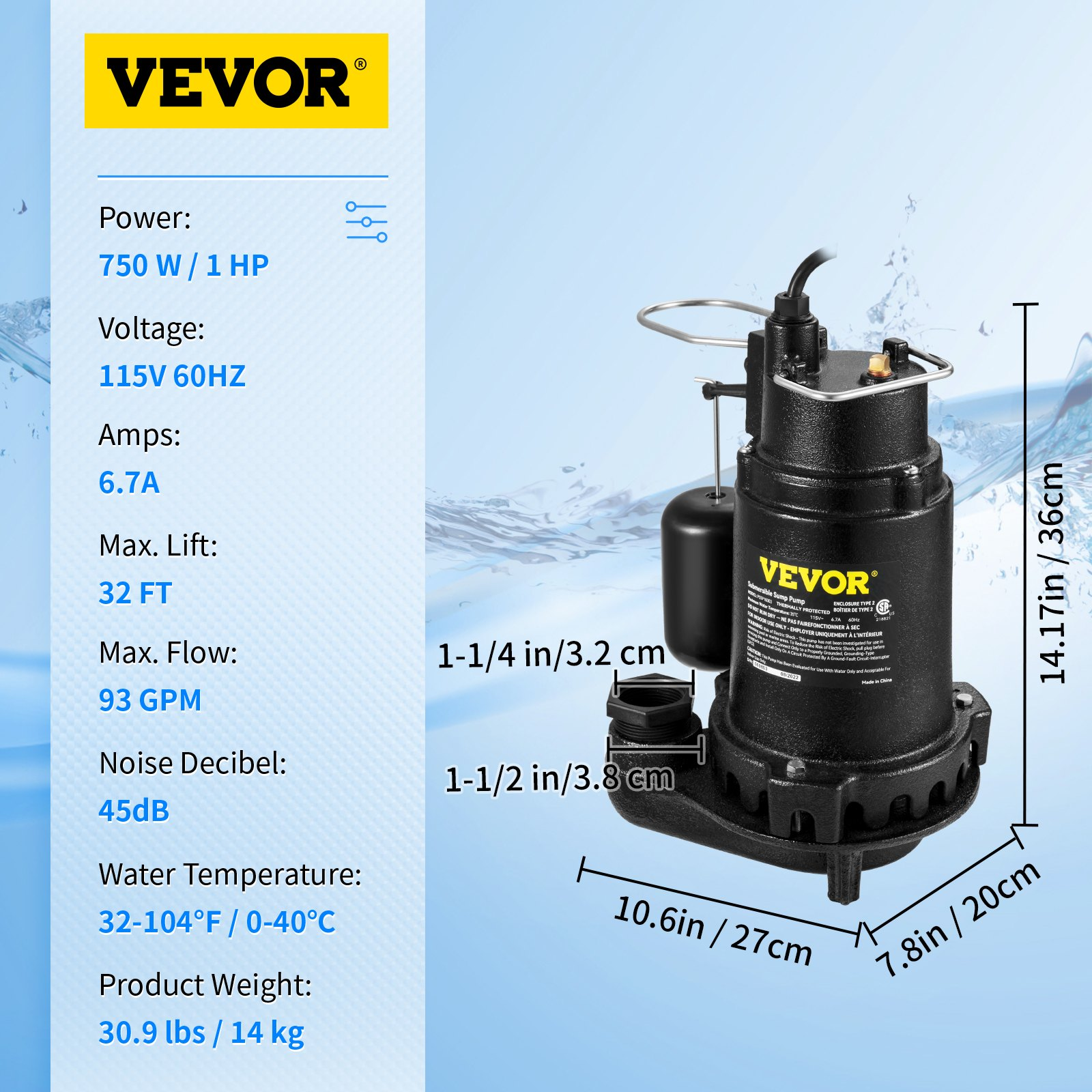 VEVOR 1HP Sewage Pump, 5600 GPH Cast Iron Submersible Sump Pump with Automatic Snap-action Float Switch, Heavy-Duty Submersible Sewage, Effluent Pump for Septic Tank, Basement, Flooding Area, Goodies N Stuff