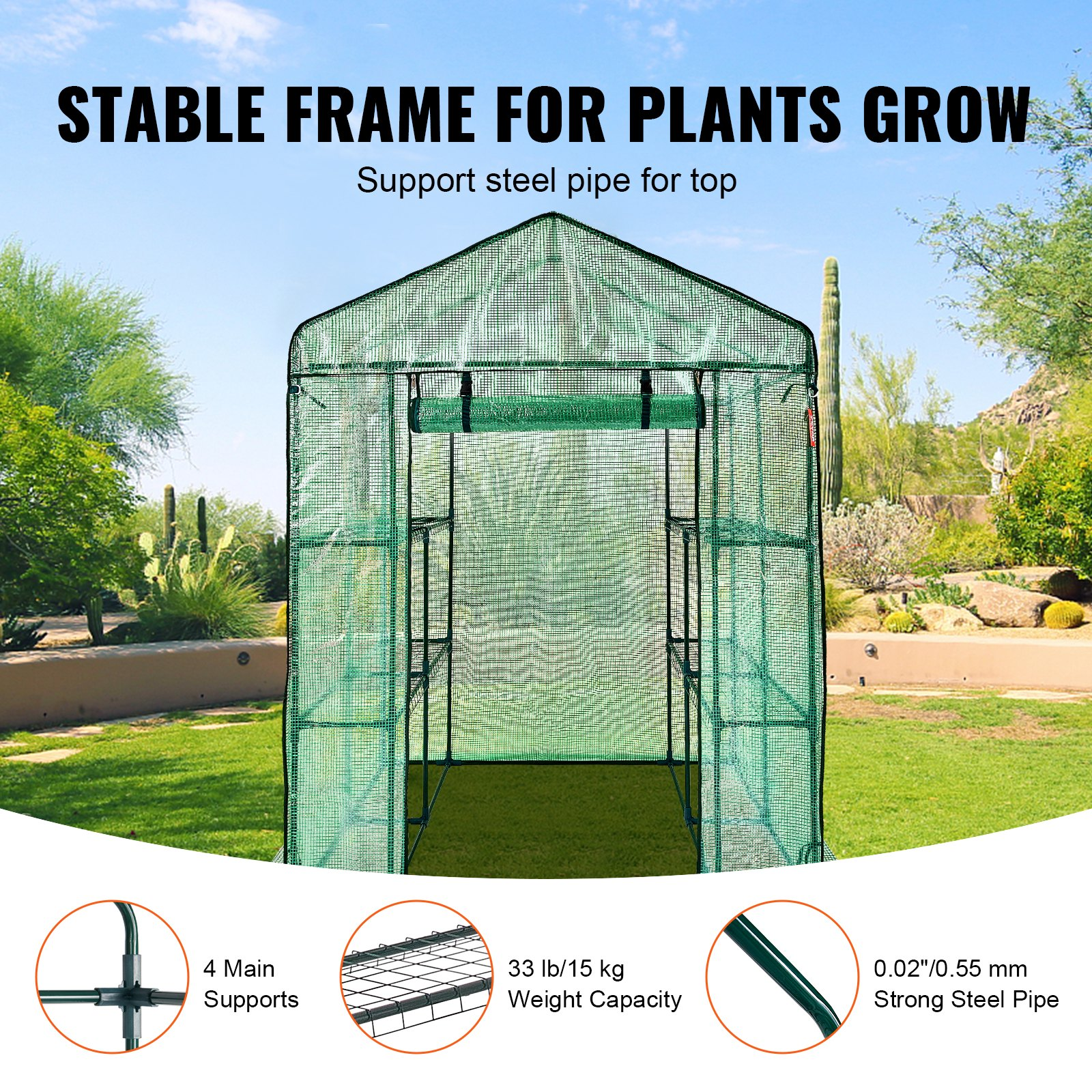 VEVOR Walk-in Green House, 4.6 x 4.6 x 6.6 ft , Greenhouse with Shelves, High Strength PE Cover with Zipper Door and Steel Frame, Assembly in Minutes, Suitable for Planting and Storage, Goodies N Stuff