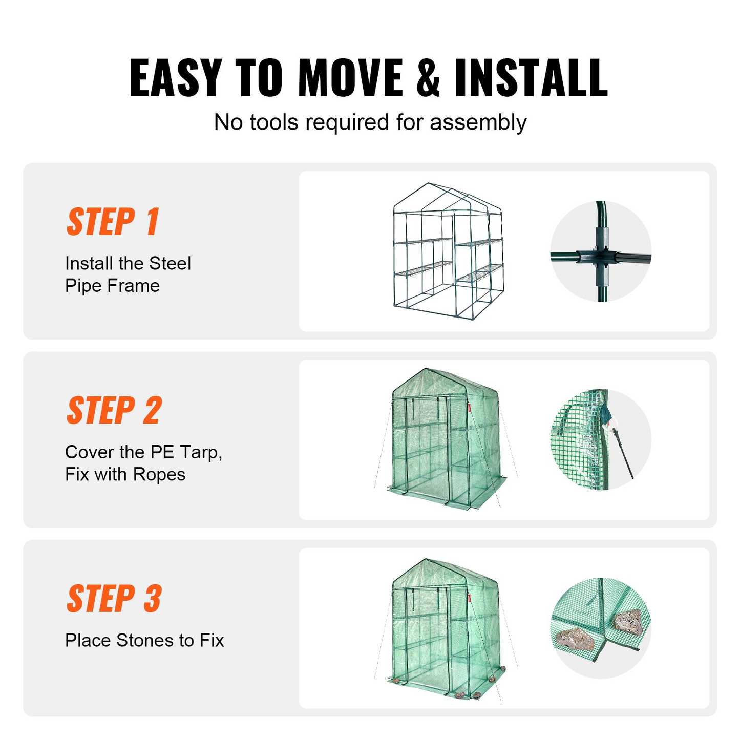 VEVOR Walk-in Green House, 4.6 x 4.6 x 6.6 ft , Greenhouse with Shelves, High Strength PE Cover with Zipper Door and Steel Frame, Assembly in Minutes, Suitable for Planting and Storage, Goodies N Stuff