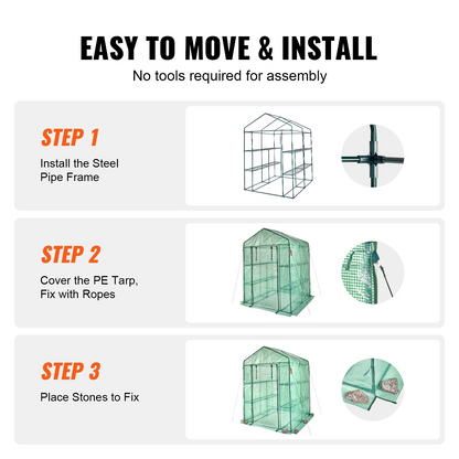 VEVOR Walk-in Green House, 4.6 x 4.6 x 6.6 ft , Greenhouse with Shelves, High Strength PE Cover with Zipper Door and Steel Frame, Assembly in Minutes, Suitable for Planting and Storage, Goodies N Stuff