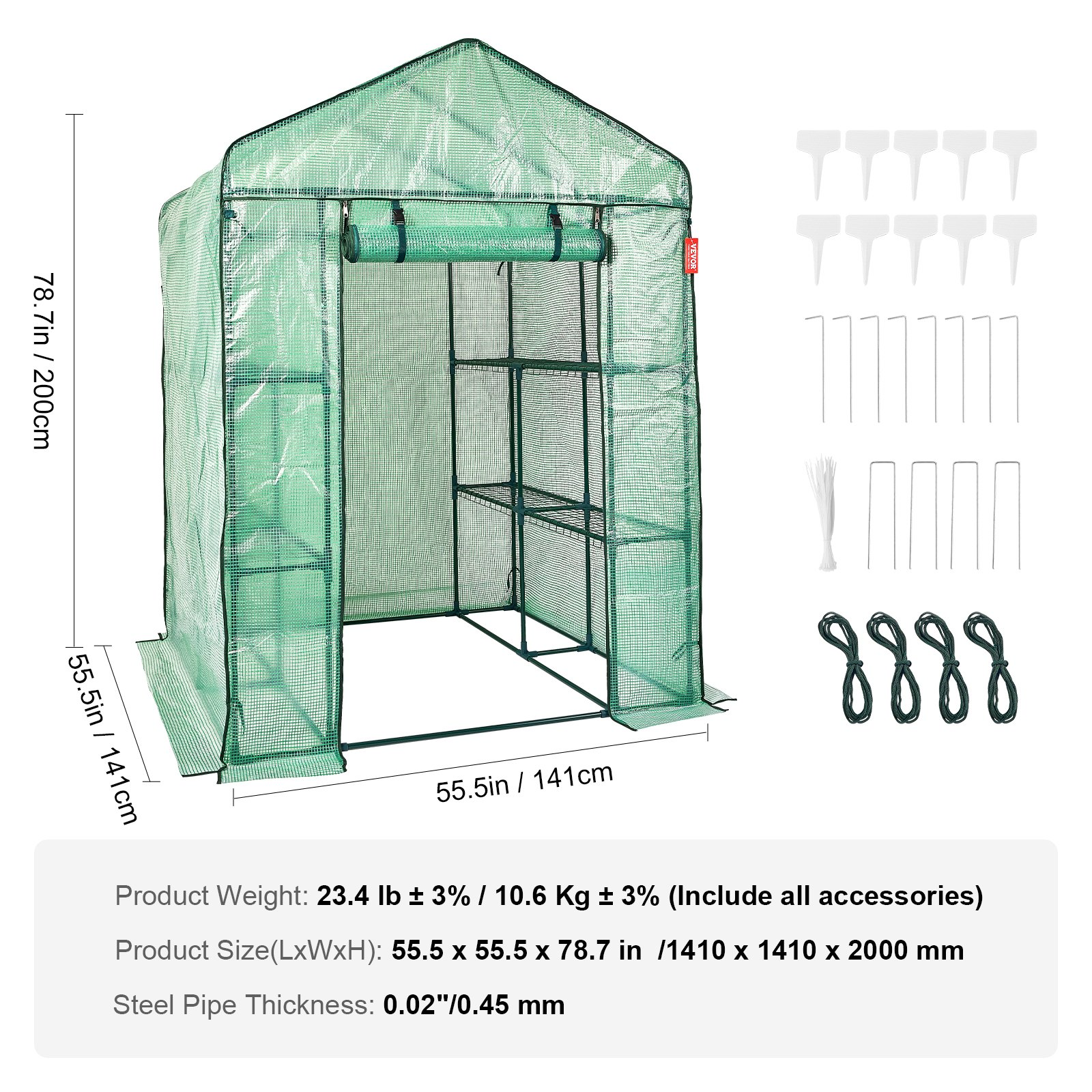 VEVOR Walk-in Green House, 4.6 x 4.6 x 6.6 ft , Greenhouse with Shelves, High Strength PE Cover with Zipper Door and Steel Frame, Assembly in Minutes, Suitable for Planting and Storage, Goodies N Stuff