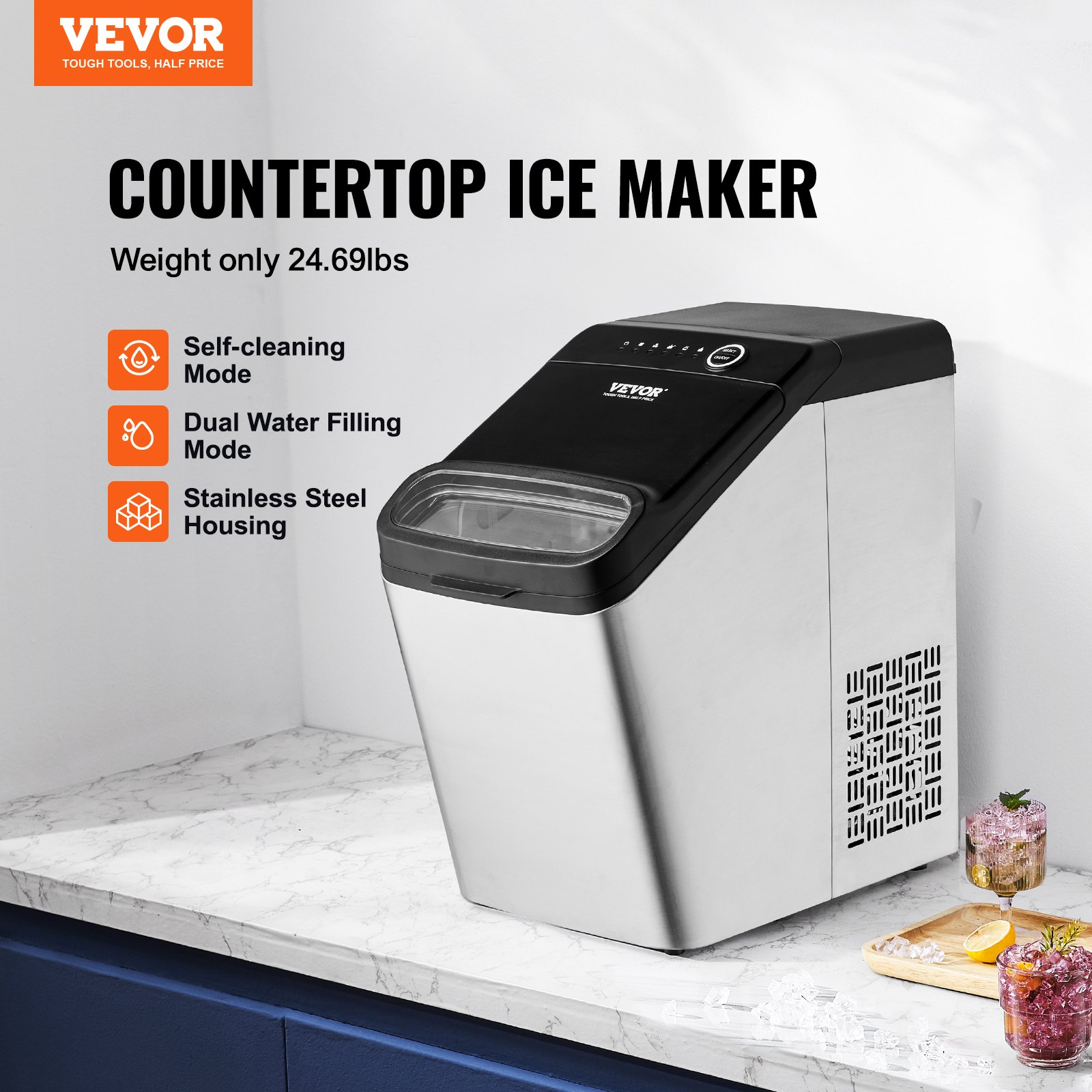 VEVOR Countertop Ice Maker, 9 Cubes Ready in 7 Mins, 33lbs in 24Hrs, Self-Cleaning Portable Ice Maker with Ice Scoop and Basket, 2 Ways Water Refill Ice Machine with 2 Size Bullet Ice for Kitchen Bar, Goodies N Stuff