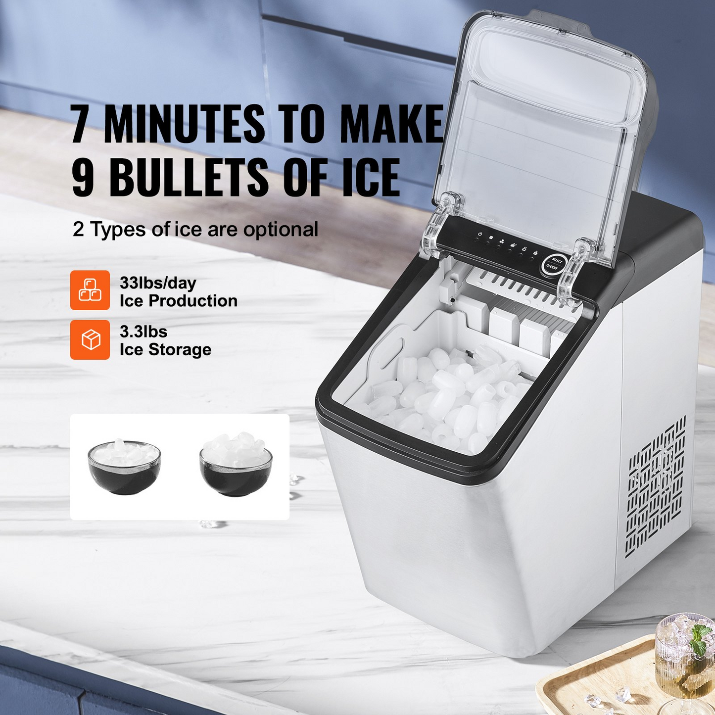 VEVOR Countertop Ice Maker, 9 Cubes Ready in 7 Mins, 33lbs in 24Hrs, Self-Cleaning Portable Ice Maker with Ice Scoop and Basket, 2 Ways Water Refill Ice Machine with 2 Size Bullet Ice for Kitchen Bar, Goodies N Stuff