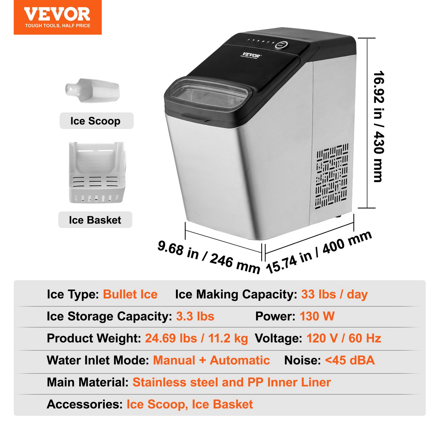 VEVOR Countertop Ice Maker, 9 Cubes Ready in 7 Mins, 33lbs in 24Hrs, Self-Cleaning Portable Ice Maker with Ice Scoop and Basket, 2 Ways Water Refill Ice Machine with 2 Size Bullet Ice for Kitchen Bar, Goodies N Stuff