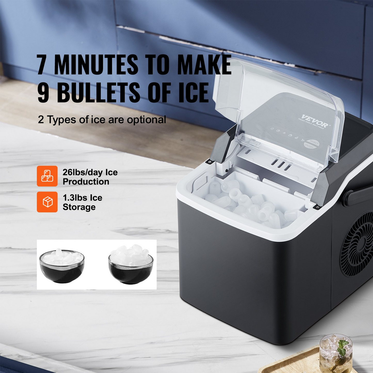 VEVOR Countertop Ice Maker, 9 Cubes Ready in 7 Mins, 26lbs in 24Hrs, Self-Cleaning Portable Ice Maker with Ice Scoop and Basket, Ice Machine with 2 Sizes Bullet Ice for Home Kitchen Office Bar Party, Goodies N Stuff