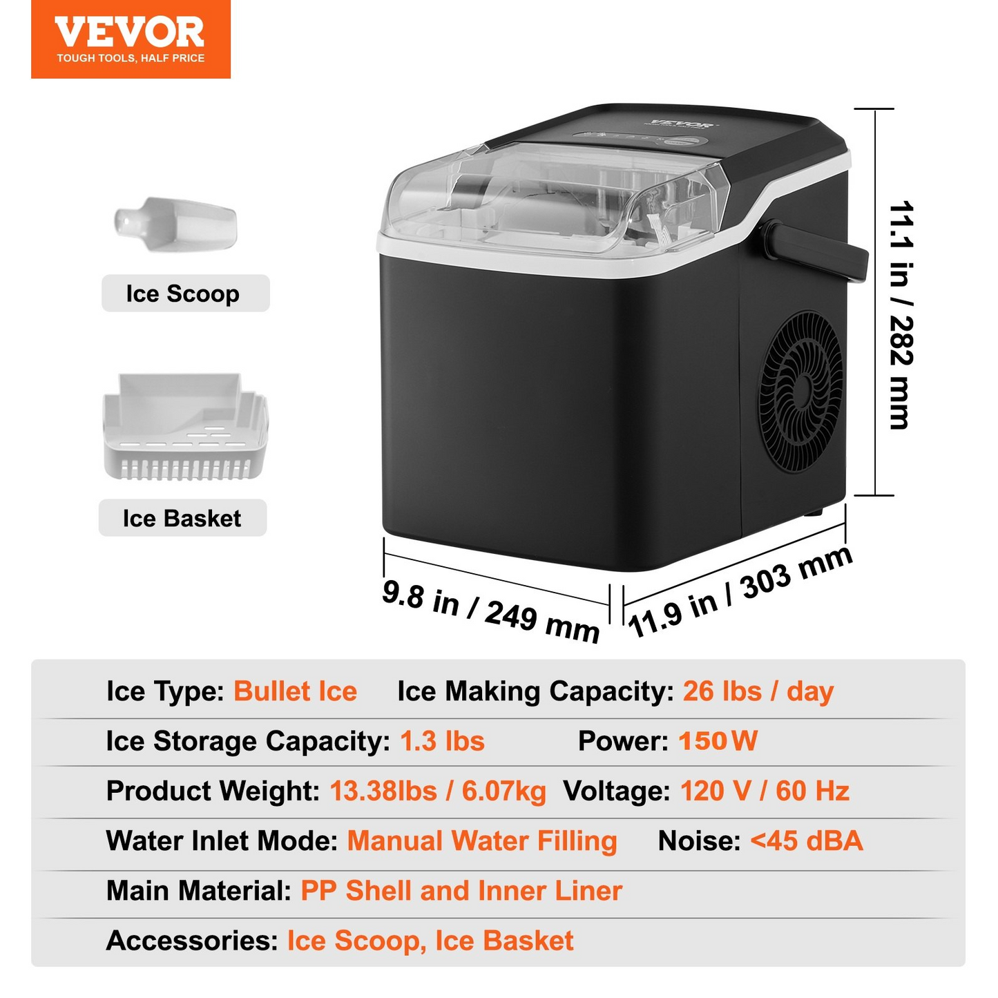 VEVOR Countertop Ice Maker, 9 Cubes Ready in 7 Mins, 26lbs in 24Hrs, Self-Cleaning Portable Ice Maker with Ice Scoop and Basket, Ice Machine with 2 Sizes Bullet Ice for Home Kitchen Office Bar Party, Goodies N Stuff