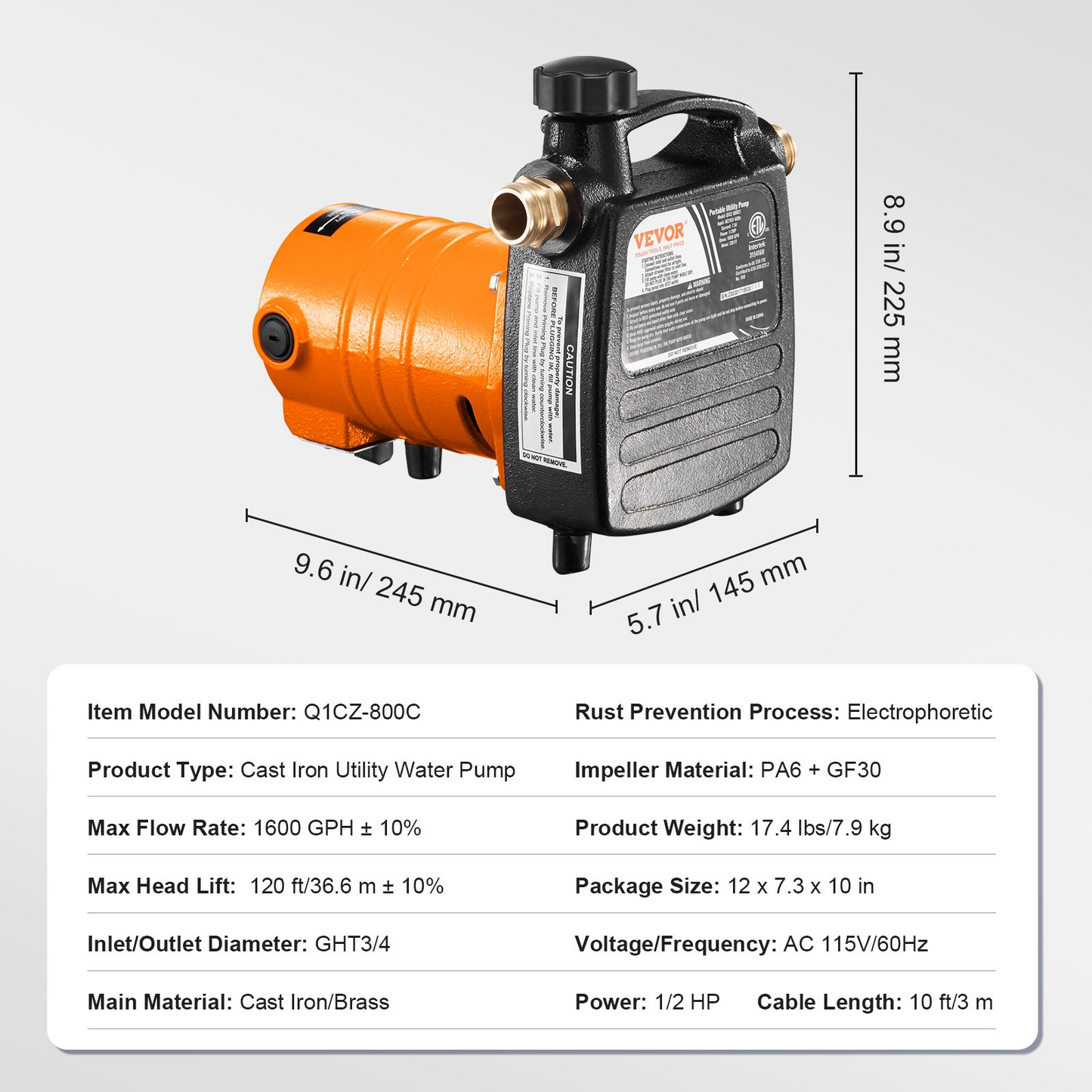 VEVOR Cast Iron Water Transfer Pump, 115V AC 1600 GPH 1/2HP, Portable Electric Utility Pump with Carbon Brush, Filter, Brass Connectors, for Garden, Rain Barrel, Pool, Pond, Hot Tub, Aquarium Draining, Goodies N Stuff