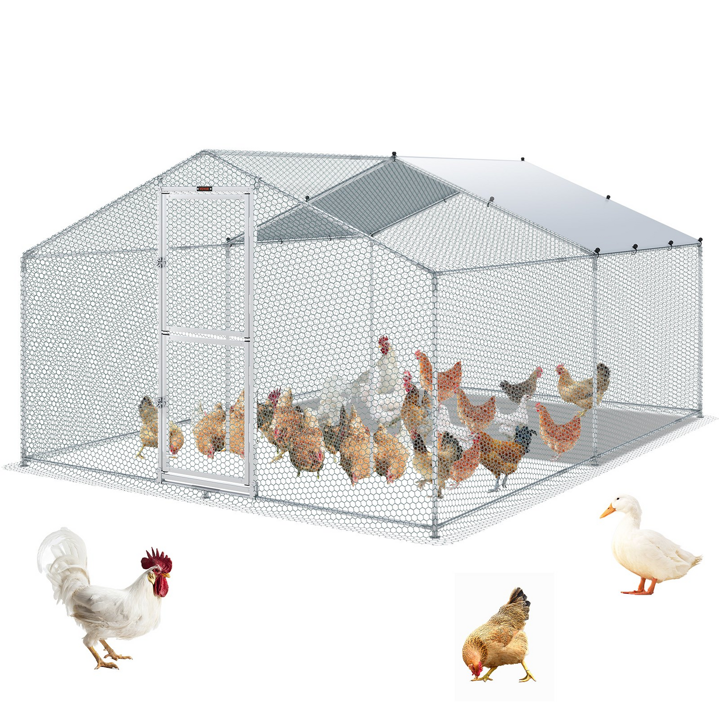 VEVOR Metal Chicken Coop, 13.1 x 9.8 x 6.6 ft Large Chicken Run, Peaked Roof Outdoor Walk-in Poultry Pen Cage for Farm or Backyard, with Water-proof Cover and Protection Mesh, for Hen, Duck, Rabbit, Goodies N Stuff