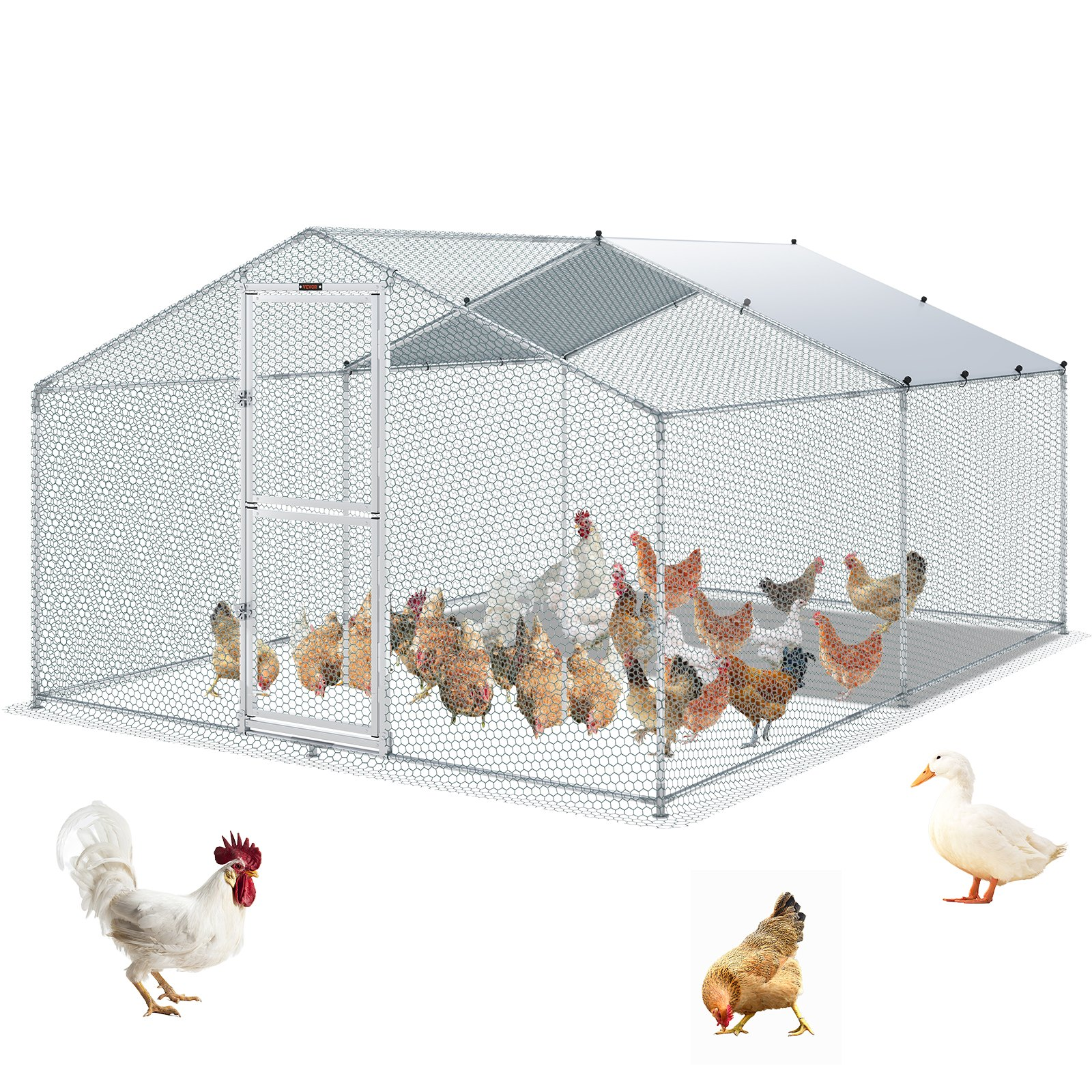 VEVOR Metal Chicken Coop, 13.1 x 9.8 x 6.6 ft Large Chicken Run, Peaked Roof Outdoor Walk-in Poultry Pen Cage for Farm or Backyard, with Water-proof Cover and Protection Mesh, for Hen, Duck, Rabbit, Goodies N Stuff