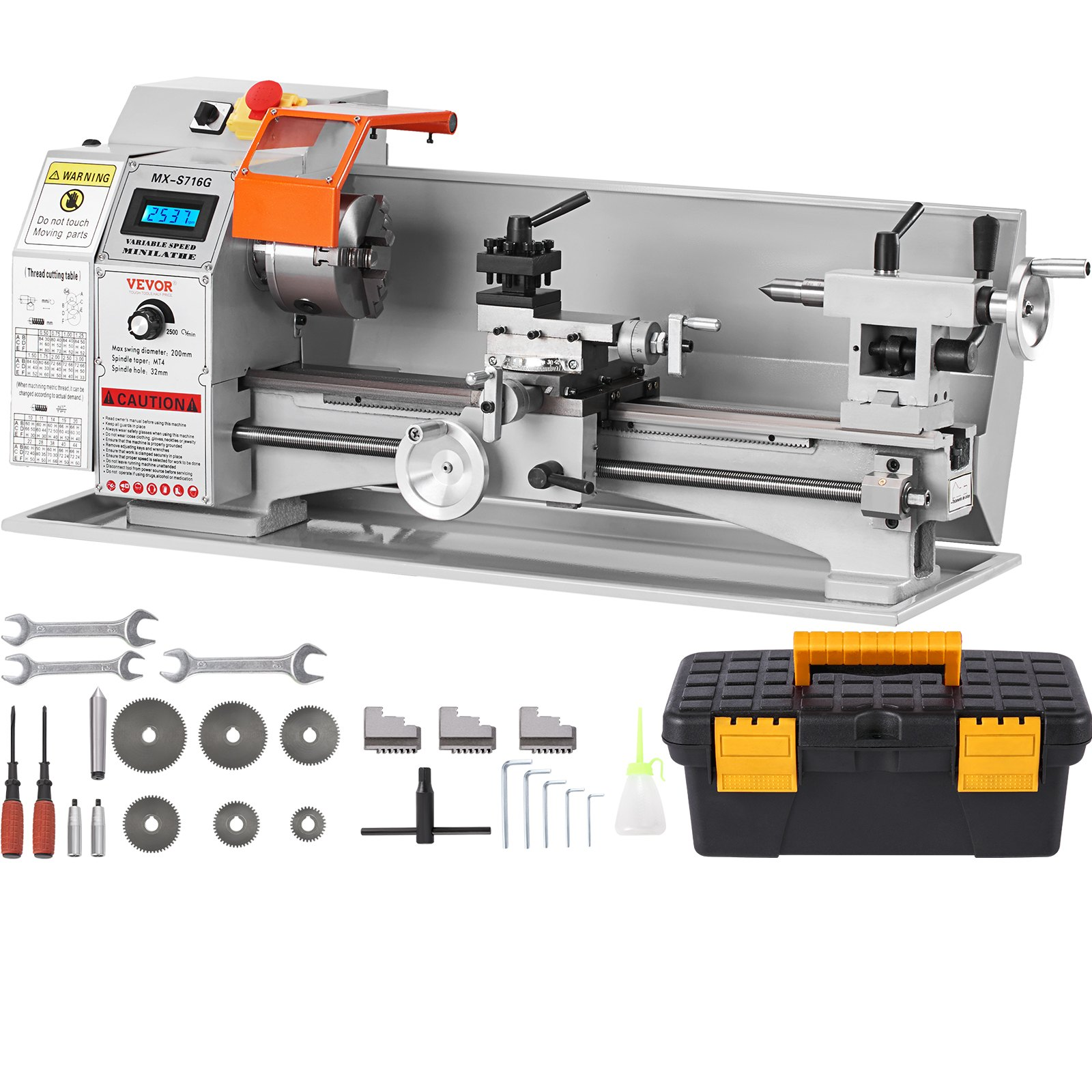 VEVOR Mini Metal Lathe Machine, 7'' x 16'', 800W Precision Benchtop Power Metal Lathe, 150-2500 RPM Continuously Variable Speed, with 3.9'' 3-jaw Metal Chuck Tool Box for Processing Precision Parts, Goodies N Stuff