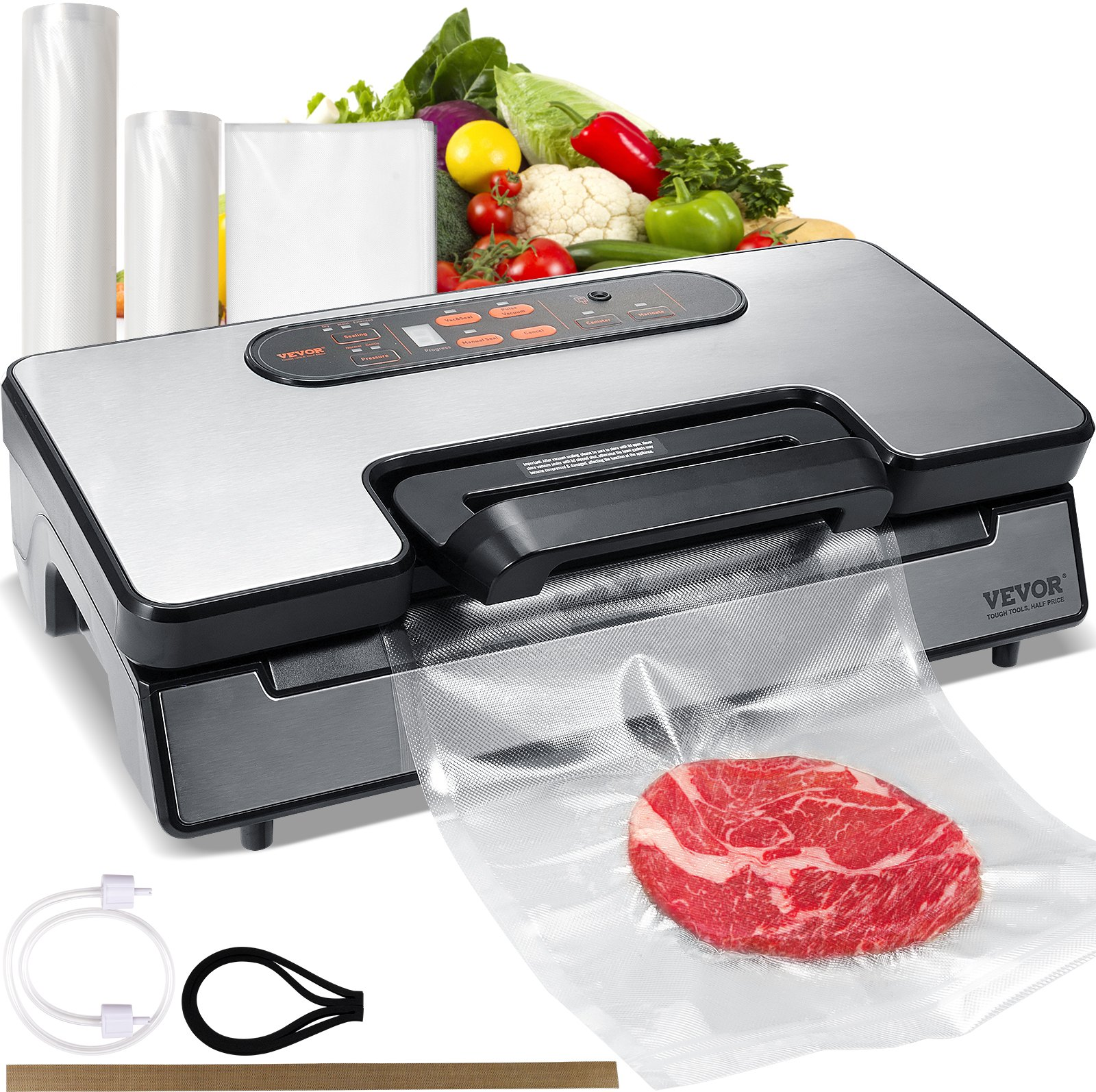 VEVOR Vacuum Sealer Machine, 90Kpa 130W Powerful Dual Pump and Dual Sealing, Dry and Moist Food Storage, Automatic and Manual Air Sealing System with Built-in Cutter, with Seal Bag and External Hose, Goodies N Stuff