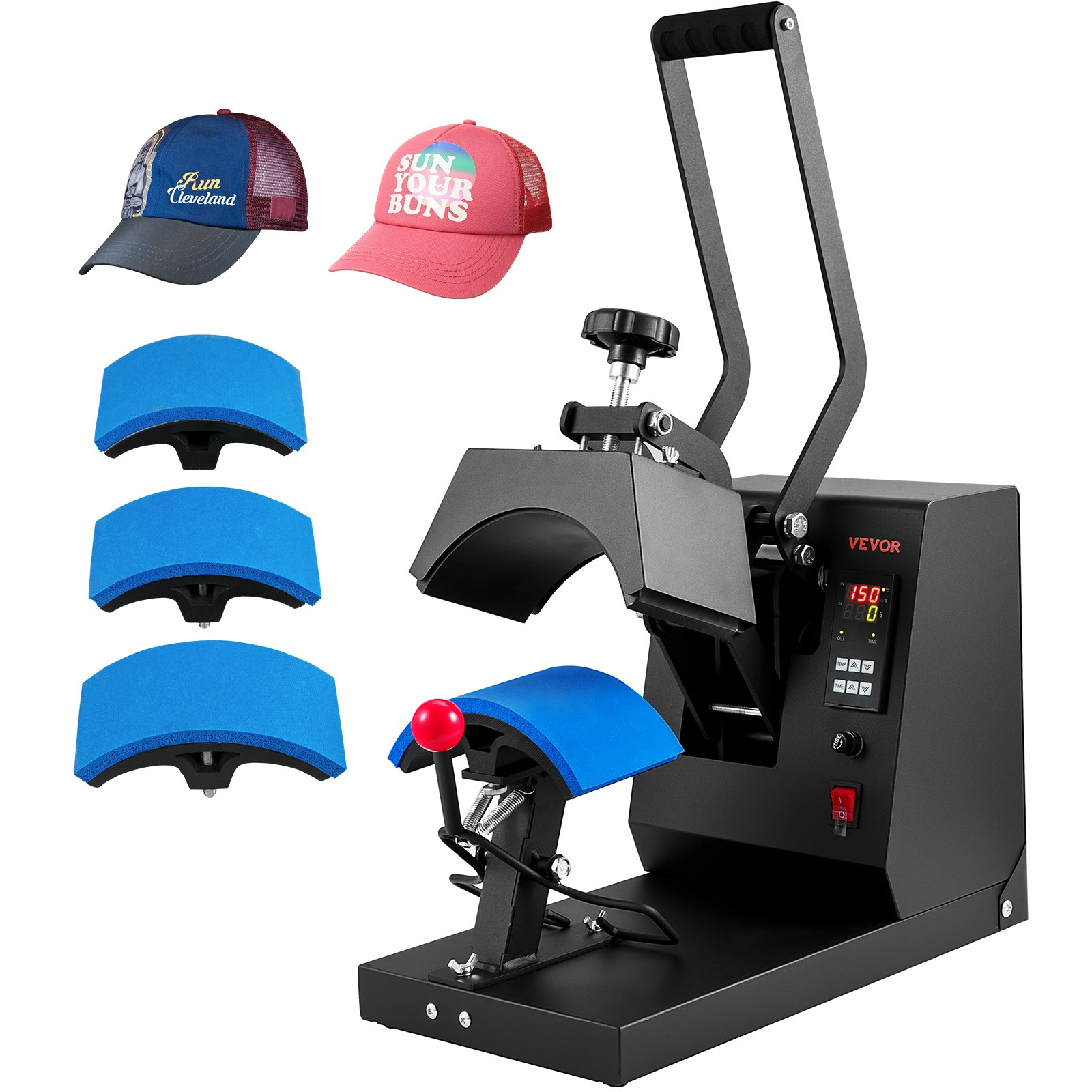 VEVOR Hat Heat Press, 4-in-1 Cap Heat Press Machine, 6x3inches Clamshell Sublimation Transfer, LCD Digital Timer Temperature Control with 4pcs Curved Heating Elements (6x3/6.7x2.7/6.7x2.7/8.1x3.5), Goodies N Stuff