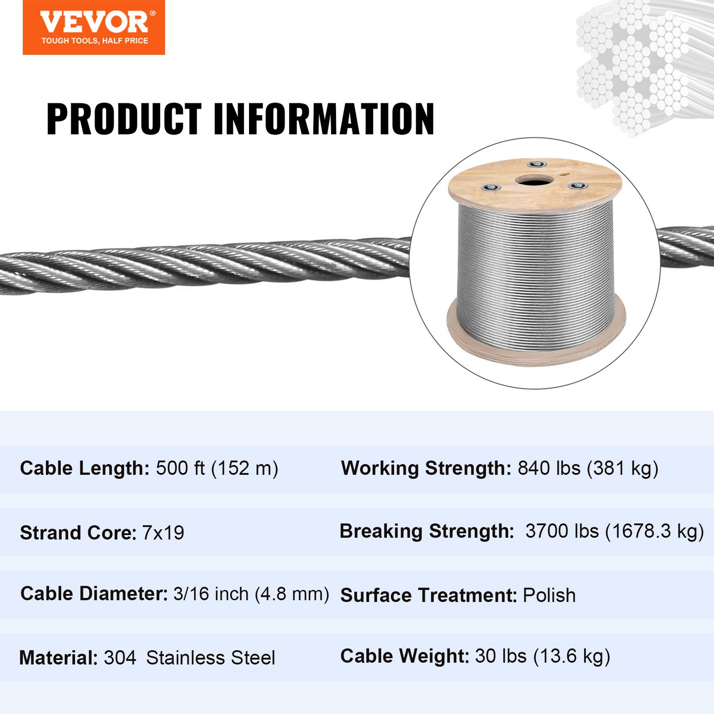 VEVOR 3/16 Inch 7x19 Stainless Steel Aircraft Cable Reel 500FT Stainless Steel Cable T304 Wire Rope Winch Cable Replacement (T304), Goodies N Stuff